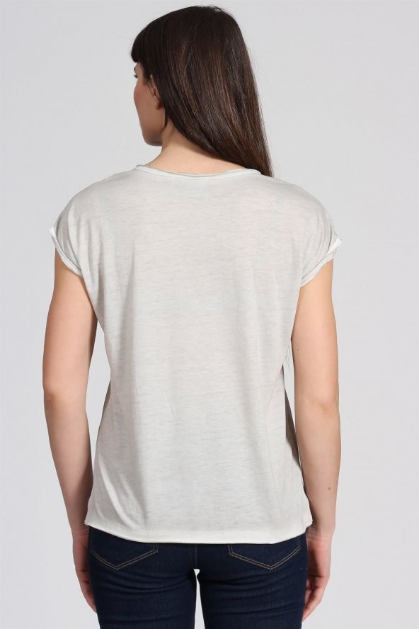 Gökkuşağı Baskılı Basıc Tshirt-BEJ - Resim 4
