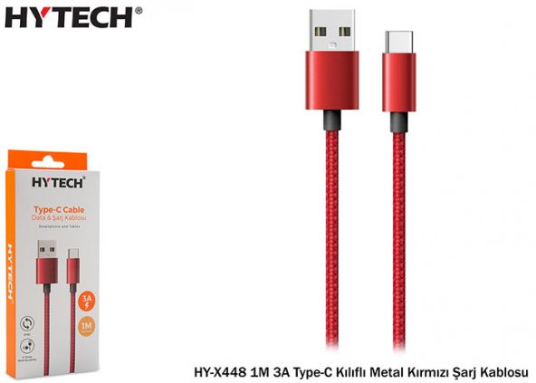 Hytech HY-X448 1m 3a Type-c Kılıflı Metal Kırmızı Şarj Kablosu ürün görseli 1