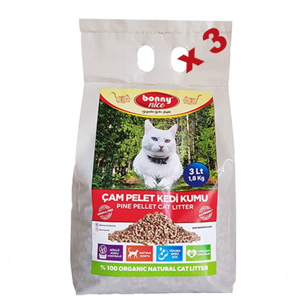 Bonny Nice Doğal Kedi Kumu Çam Pellet 2 kg 4 l x 3 Paket ürün görseli 1