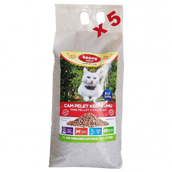 Bonny Nice Doğal Kedi Kumu Çam Pellet 3.6 kg 7 l x 5 Paket ürün görseli 1