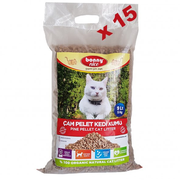 Bonny Nice Doğal Kedi Kumu Çam Pellet 5 kg 10 l x 15 Paket ürün görseli 1