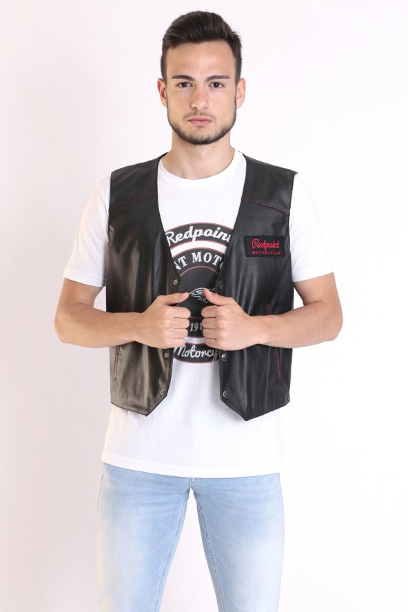 Redpoint Suni Deri Biker Yelek Nakışlı - Resim 2
