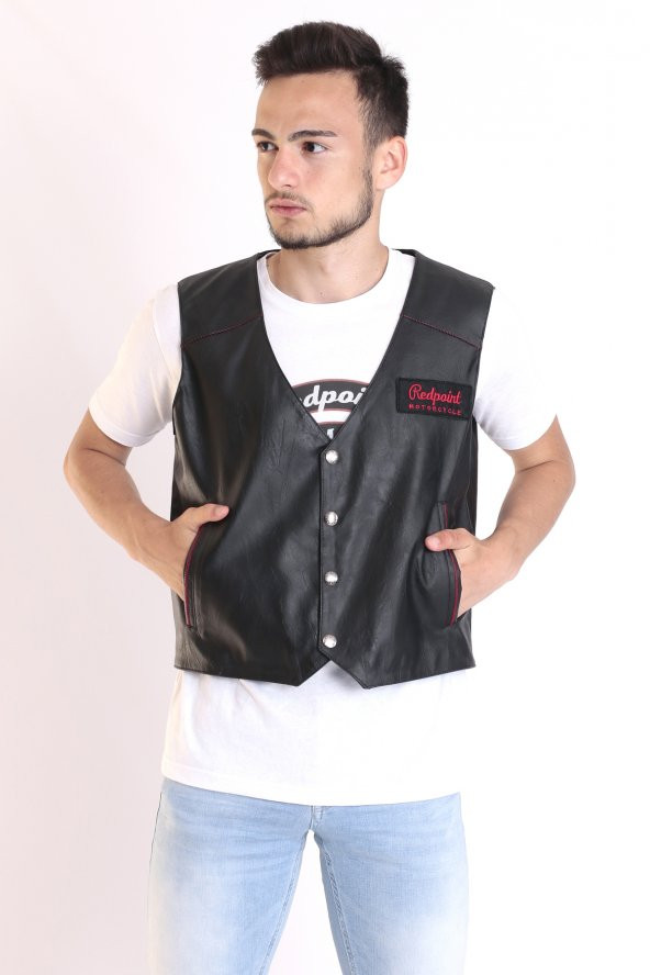 Redpoint Suni Deri Biker Yelek Nakışlı - Resim 3