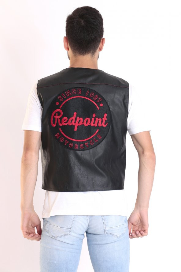 Redpoint Suni Deri Biker Yelek Nakışlı - Resim 4