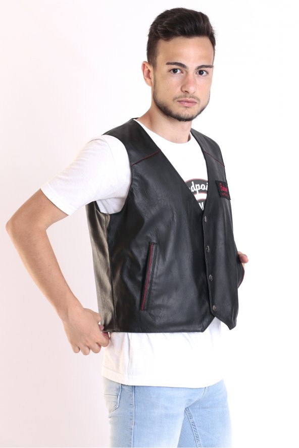 Redpoint Suni Deri Biker Yelek Nakışlı - Resim 5
