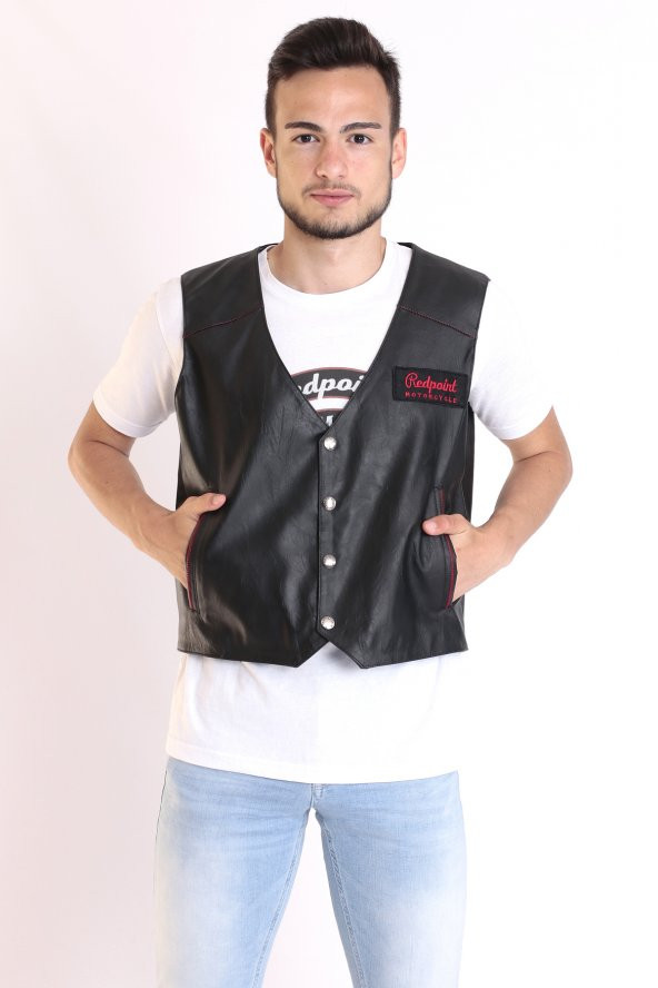 Redpoint Suni Deri Biker Yelek Nakışlı - Resim 6