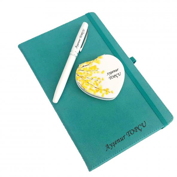 İsme Kişiye Özel Turkuaz Defter Ayna ve Roller Kalem Seti ürün görseli 1