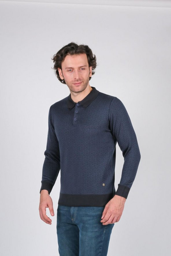 Çizgi Triko Erkek Triko Kazak Polo Yaka Kışlık Battal Boy Cep Detaylı Kol ve Bel Lastikli 6XL - 7XL - 8XL - Resim 3