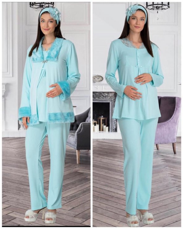 Mecit 5304 Turkuaz  Peluş Detaylı  Sabahlıklı Lohusa Pijama Takımı ürün görseli 1