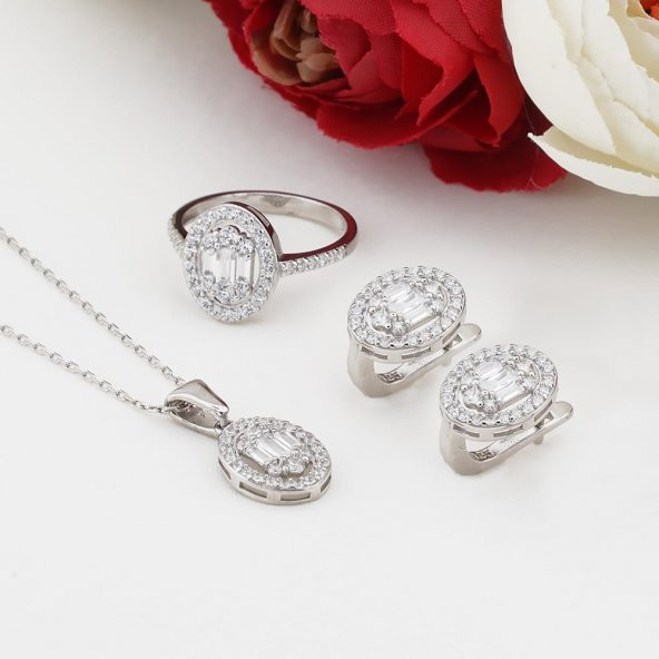 Oval Baget Zirkon Taşlı Gümüş Bayan Set ürün görseli 1