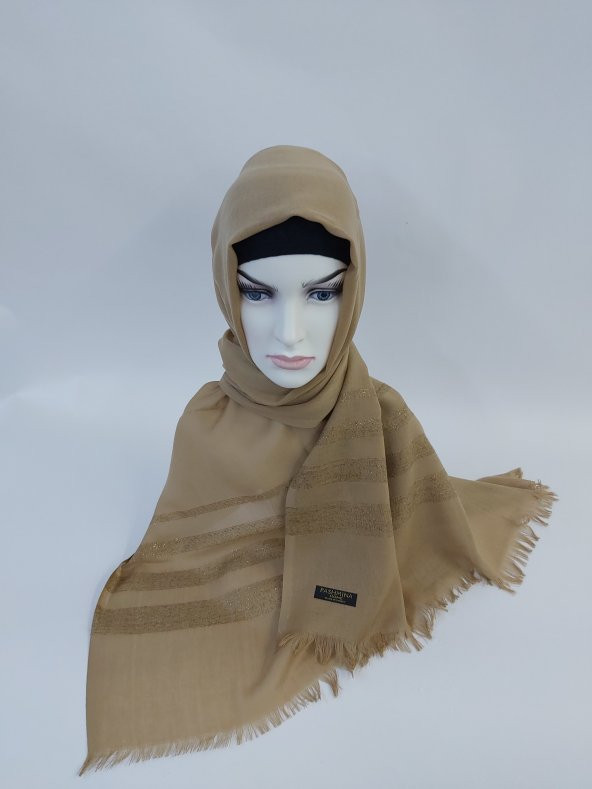 Desenli Keten Şal Krem B047-106 - Resim 2