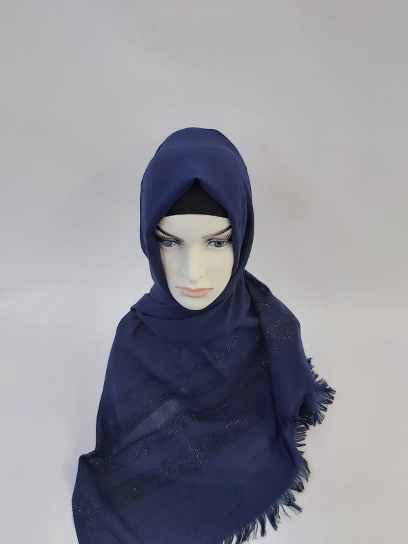 Desenli Keten Şal Lacivert B047-112 - Resim 2