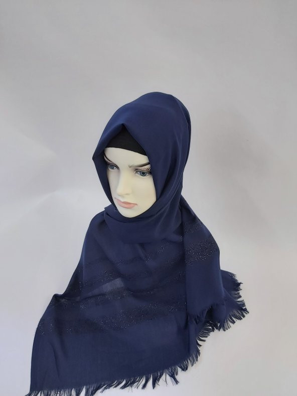 Desenli Keten Şal Lacivert B047-112 - Resim 3