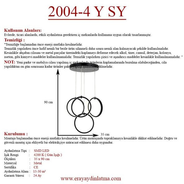 Eray Aydınlatma 2004-4 Y Siyah Led Avize - Resim 4