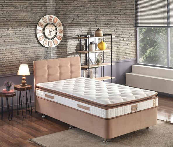 Niron Queen 120x200 Bir Buçuk Kişilik Pedli Yatak Seti Sütlü Kahve Kumaş Baza Başlık ve Yatak Takımı ürün görseli 1