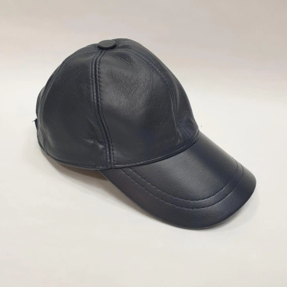 Lacivert Renk Deri Unisex Şapka - Resim 3
