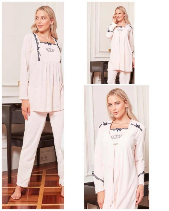 Bone Club 4806 Somon  Kadife 3Lü Hamile Lohusa Pijama Sabahlık ürün görseli 1