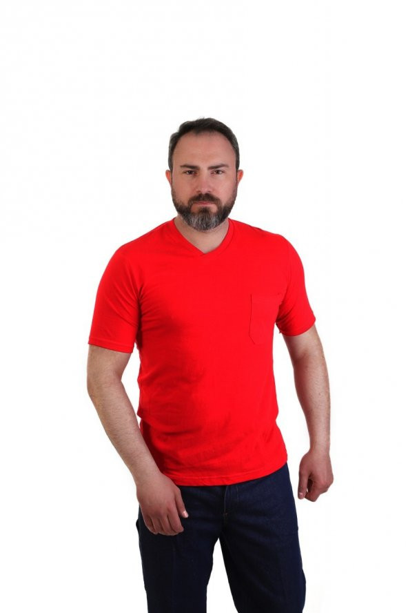 ESER - V Yaka Kısa Kol İş Tişörtü - Cepli - Regular Fit Kırmızı ürün görseli 1
