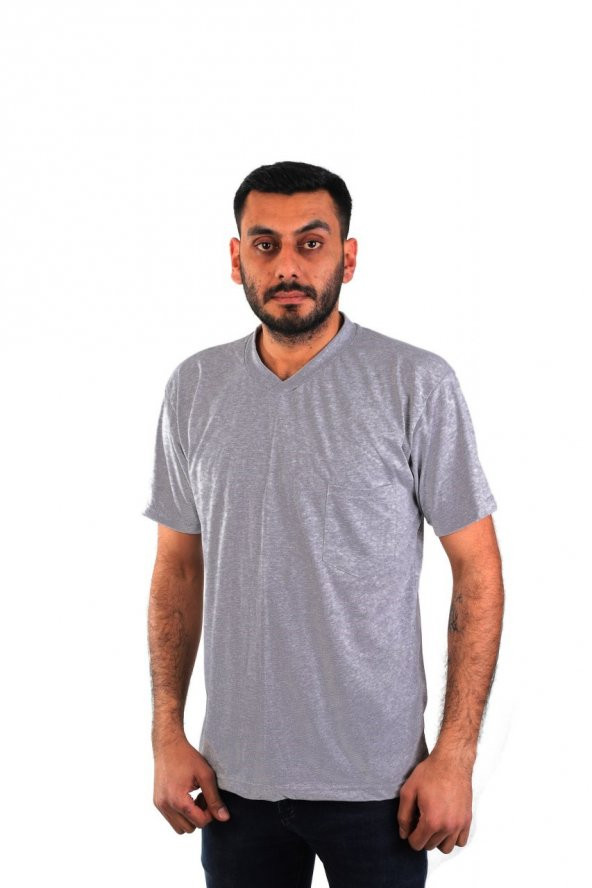ESER - V Yaka Kısa Kol İş Tişörtü - Cepli - Regular Fit Gri ürün görseli 1