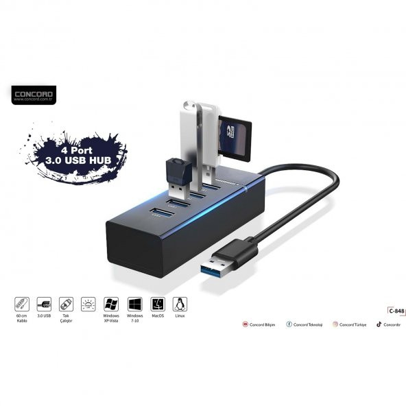 ÇOKLAYICI CONCORD USB C-848 4 PORT 3.0 HUB ürün görseli 1