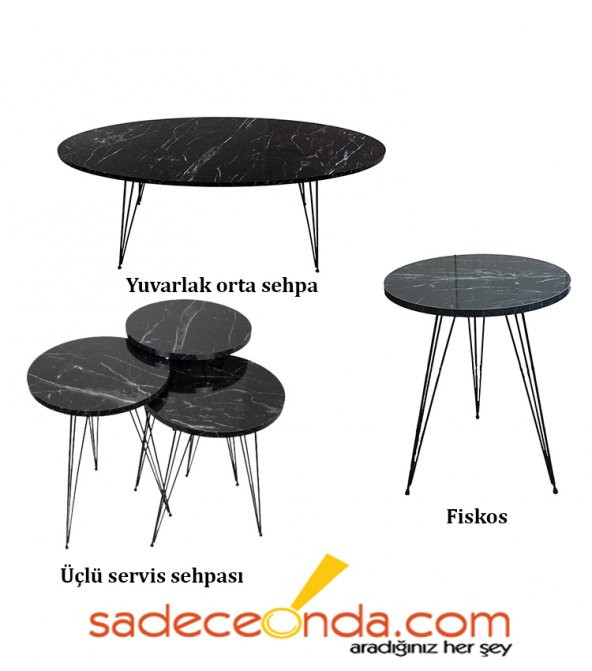 Orta- Fiskos- Zigon Sehpa Set Siyah Mermer Desenli ürün görseli 1
