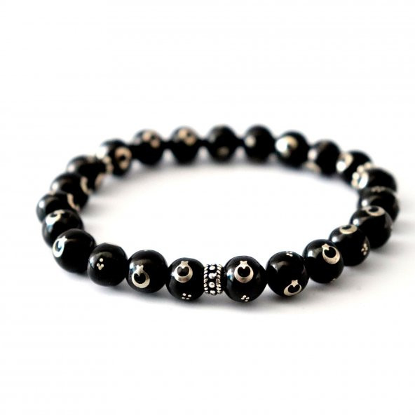 925 Ayar Gümüş Ayyıldız İşlemeli 8 mm Unisex Oltu Bileklik ürün görseli 1