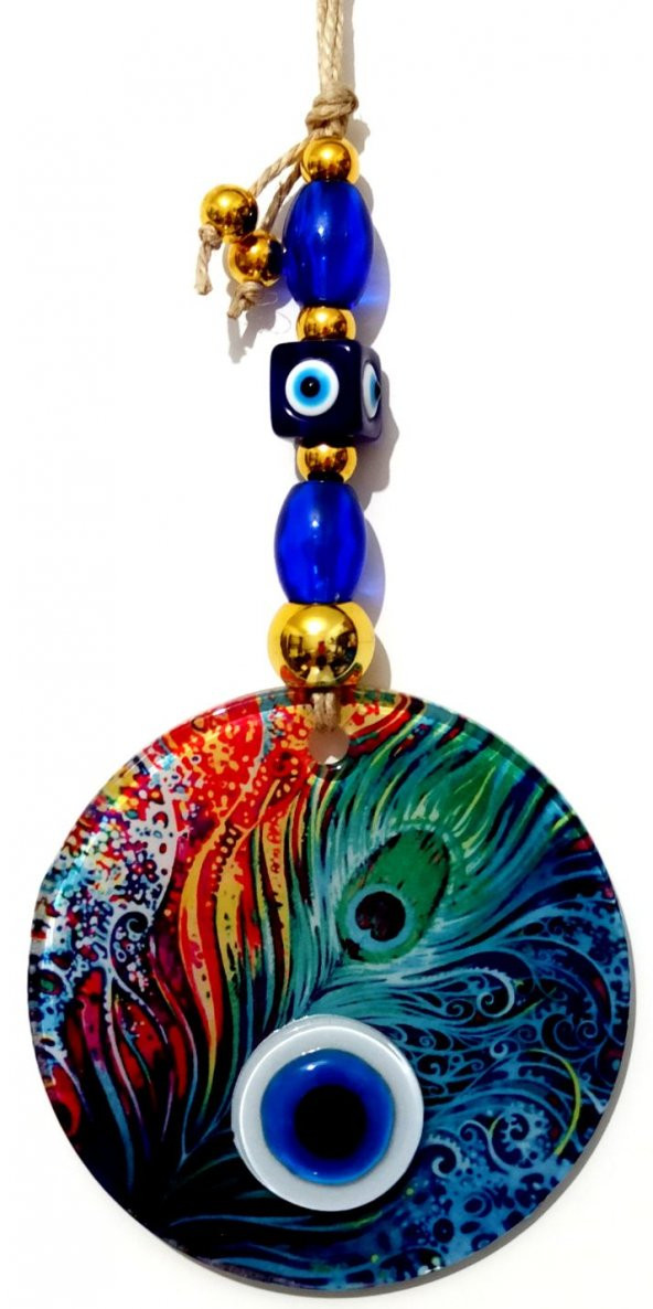 Füzyon Cam Tavus Kuşu Tüyü Desenli 12x12 Cm Nazar Boncuklu 12x30 Cm El Yapımı Duvar Süsü Nazarlık ürün görseli 1