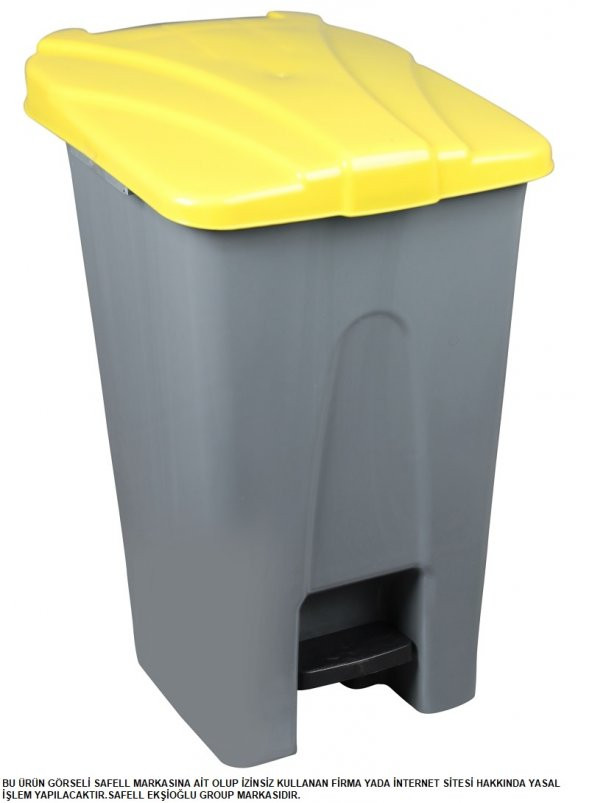 Safell Plastik Köşeli Pedallı Çöp Kovası 70 Lt - Tekerlekli - Pedallı Çöp Konteyneri - Gri Sarı ürün görseli 1