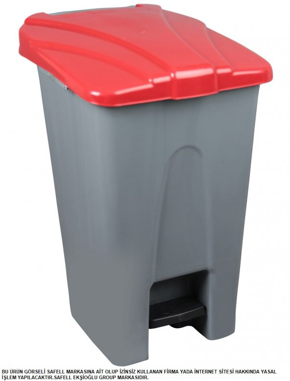 Safell Plastik Köşeli Pedallı Çöp Kovası 70 Lt - Tekerlekli - Pedallı Çöp Konteyneri - Gri Kırmızı ürün görseli 1