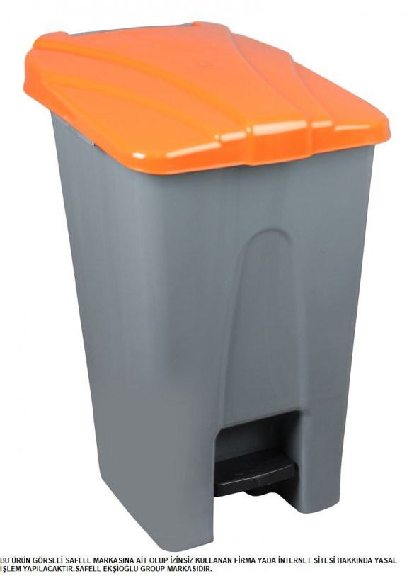 Safell Plastik Köşeli Pedallı Çöp Kovası 70 Lt - Tekerlekli - Pedallı Çöp Konteyneri - Gri Turuncu ürün görseli 1
