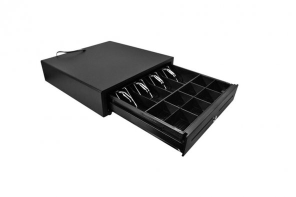 Metal Siyah Para Çekmecesi 4 Banknot 8 Bozuk Para Haznesi 41 x 41 - 10 Cm  RJ11 -12V - 3 Pozisyonlu Anahtar Kilidi ürün görseli 1