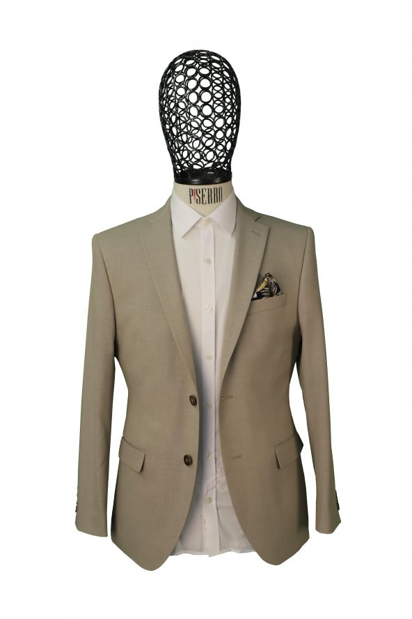 Slim Fit Ketenli Klasik Desenli Bej Rengi Ceket ürün görseli 1