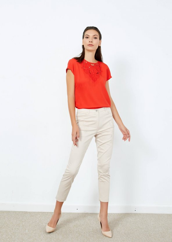 Kadın Bej Desenli Cepli Pantalon - Resim 7