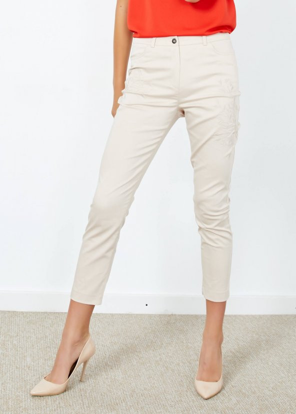 Kadın Bej Desenli Cepli Pantalon - Resim 8