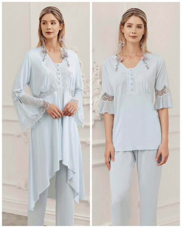 PERİN 316 MAVİ  Hamile Lohusa 3 Lü Pijama Sabahlık Takım ürün görseli 1