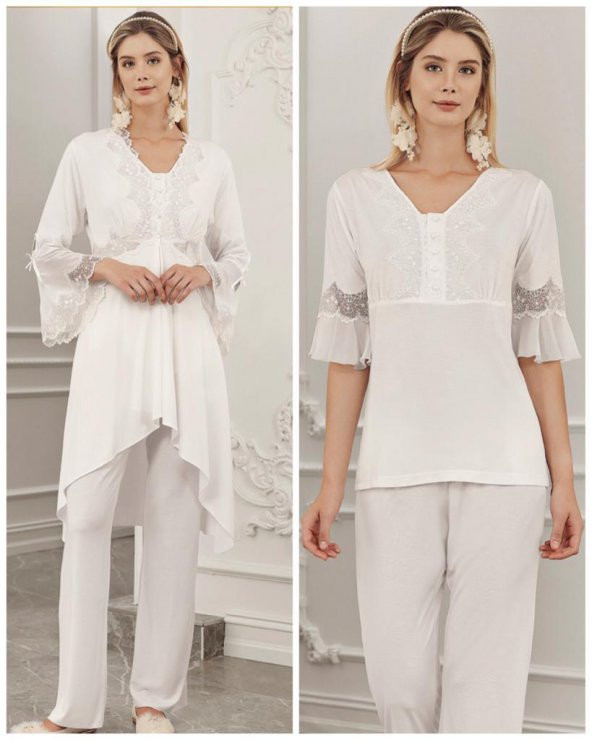 PERİN 316 ECRU  Hamile Lohusa 3 Lü Pijama Sabahlık Takım ürün görseli 1