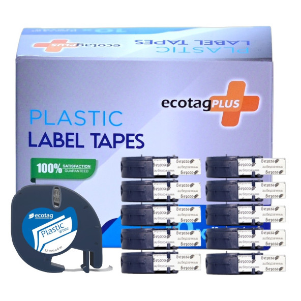 EcotagPlus Dymo Letratag Muadili Plastik Şerit Etiket Beyaz 10 lu Eco Paket ürün görseli 1