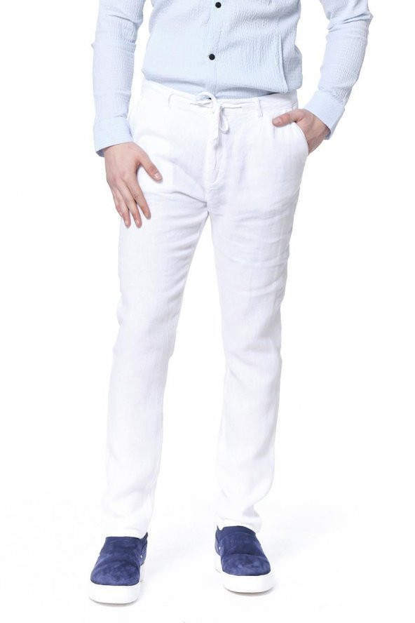 Erkek Regular Fit 100 Keten Bağcıklı Rahat Jogger Pantolon - Resim 3