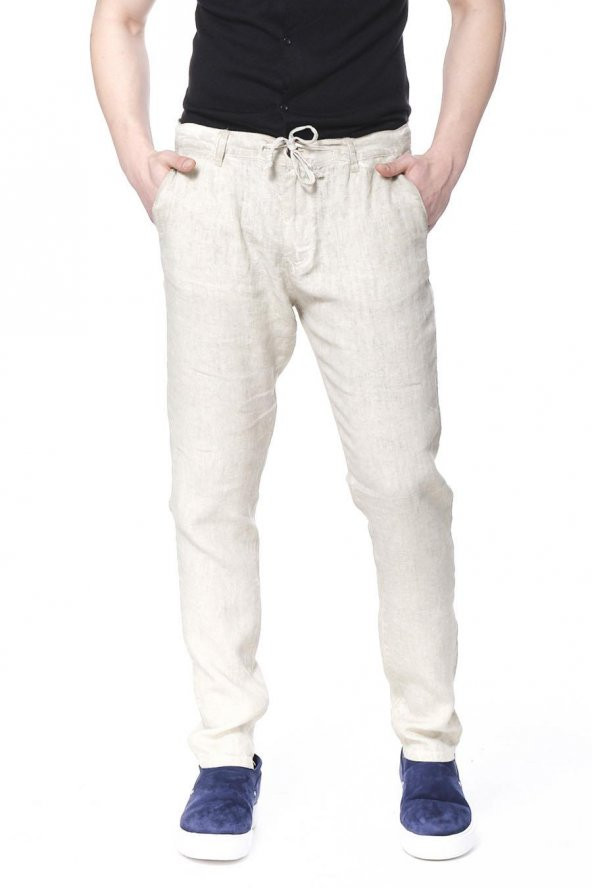 Erkek Regular Fit 100 Keten Bağcıklı Rahat Jogger Pantolon - Resim 4