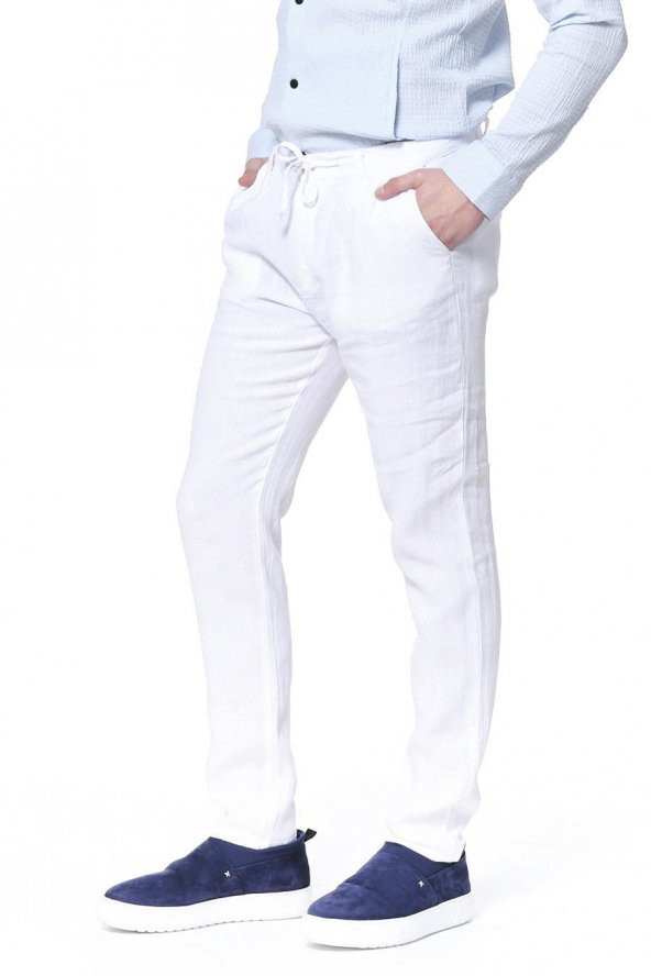 Erkek Regular Fit 100 Keten Bağcıklı Rahat Jogger Pantolon - Resim 9