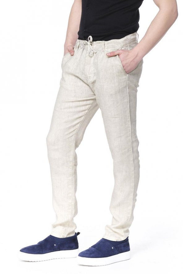 Erkek Regular Fit 100 Keten Bağcıklı Rahat Jogger Pantolon - Resim 12
