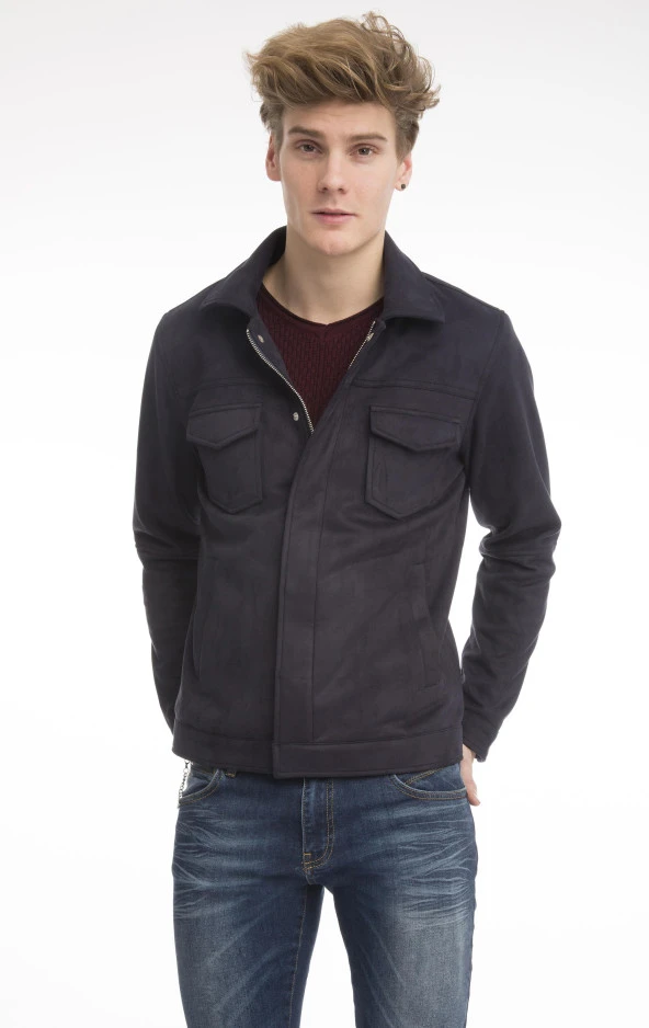 Erkek Slim Fit İçi Astarsız Cepli Baharlık Süet Kısa Mont - Resim 2