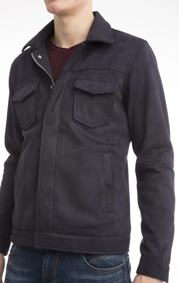 Erkek Slim Fit İçi Astarsız Cepli Baharlık Süet Kısa Mont - Resim 3