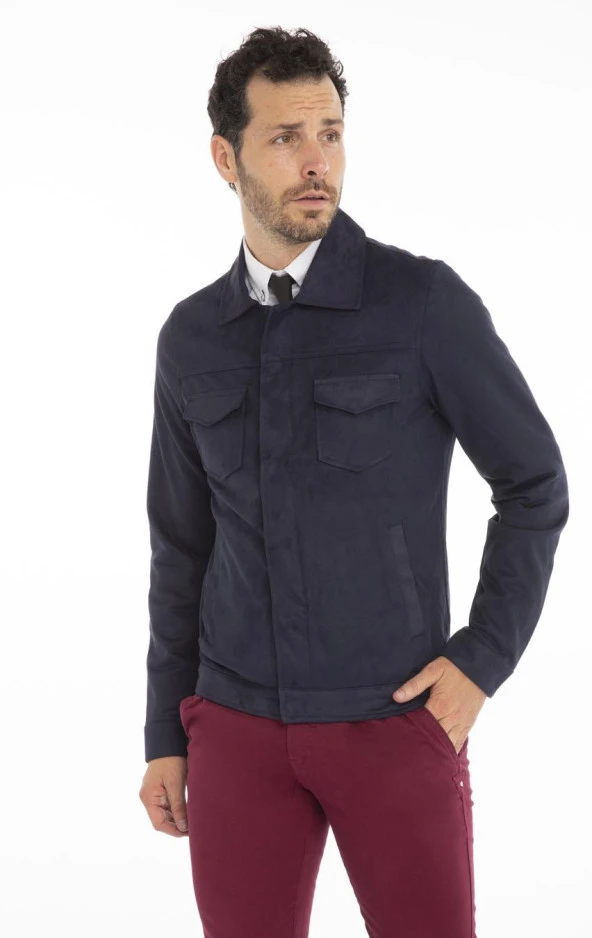 Erkek Slim Fit İçi Astarsız Cepli Baharlık Süet Kısa Mont - Resim 12