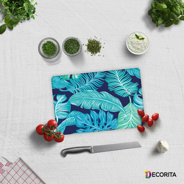 DECORITA Cam Kesme Tahtası - Mavi Tropik Yapraklar ürün görseli 1