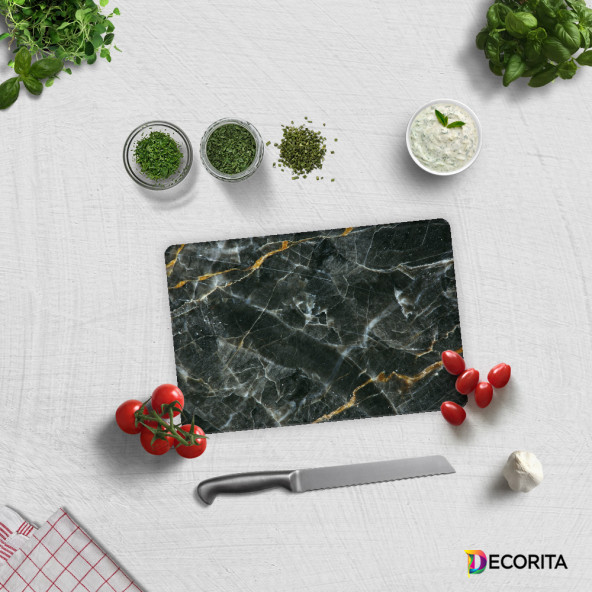 DECORITA Cam Kesme Tahtası- Kahverengi Detaylı Siyah Mermer ürün görseli 1