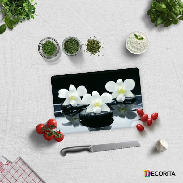 DECORITA Cam Kesme Tahtası- Siyah Fon Beyaz Orkideler ürün görseli 1