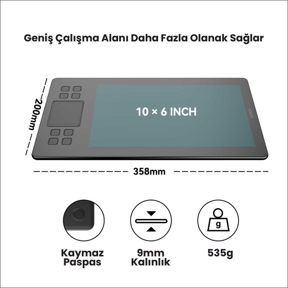 Veikk A50 10x6" 16384 Yüksek Basınç Dokunmatik Kısayol Profesyonel 5080 LPI Grafik Tablet + Kalem - Resim 2