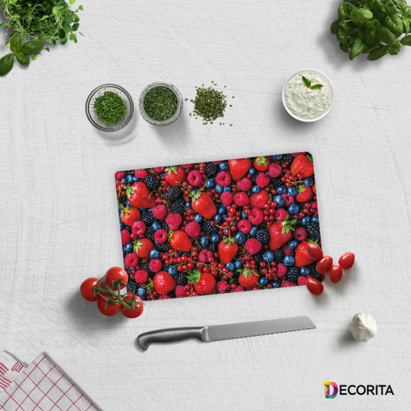 DECORITA Cam Kesme Tahtası- Mor ve Kırmızı Meyveler ürün görseli 1