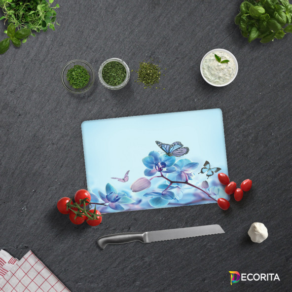 DECORITA Cam Kesme Tahtası- Mavi Çiçek Kelebek ürün görseli 1
